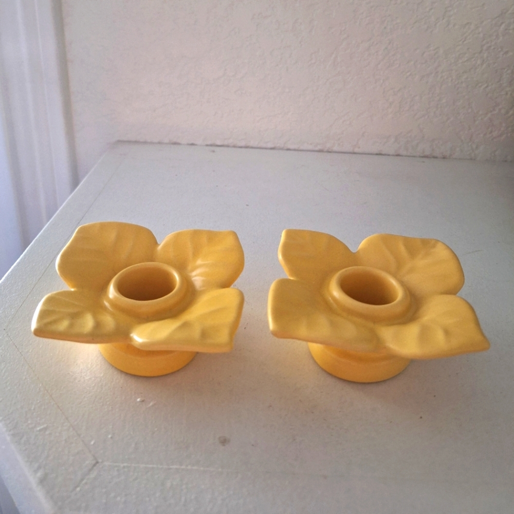 Vintage Yellow Candlestick Holder Pair.  Unsigned